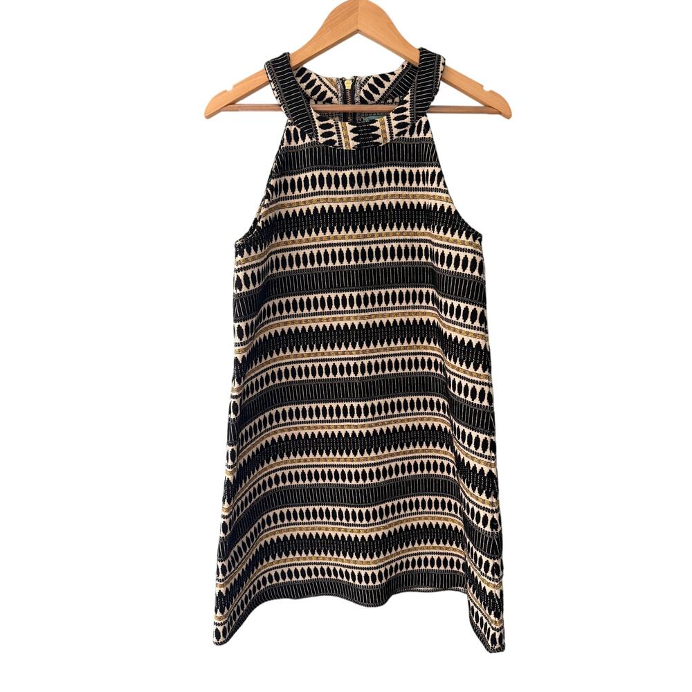 Judith March Black Cream Gold Lurex Woven Mini Dress Tassel Large